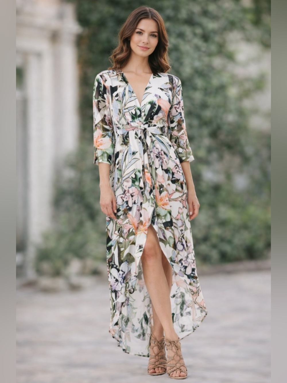Johanne Beck Dress Floral Print V Neck Button Down Hi Lo Maxi